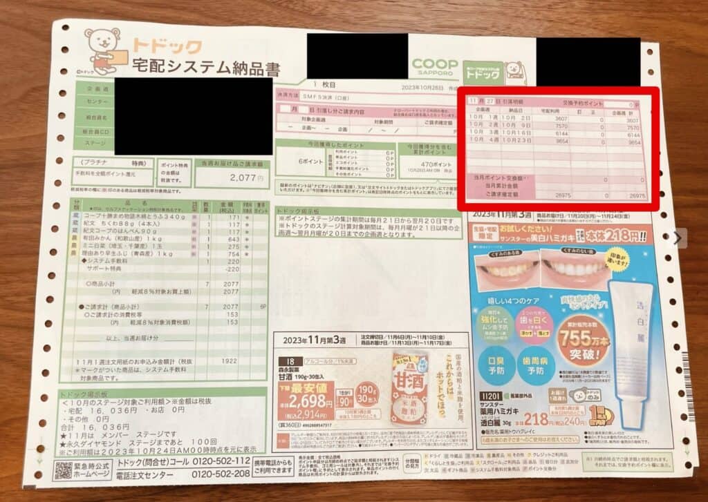 納品書の右上に、週ごとの利用用金と、当月累計金額が記載されています。